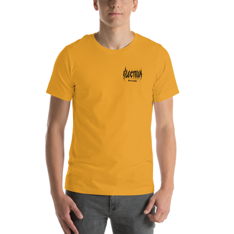 Person wearing a mustard yellow  t-shirt with a black electrum metal lettering logo on the chest