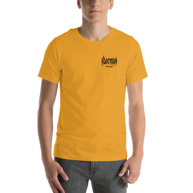 Person wearing a mustard yellow  t-shirt with a black electrum metal lettering logo on the chest