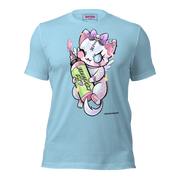 Light blue t-shirt with a cartoon character holding a colorful bottle of electrum ink 
