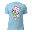 Light blue t-shirt with a cartoon character holding a colorful bottle of electrum ink 