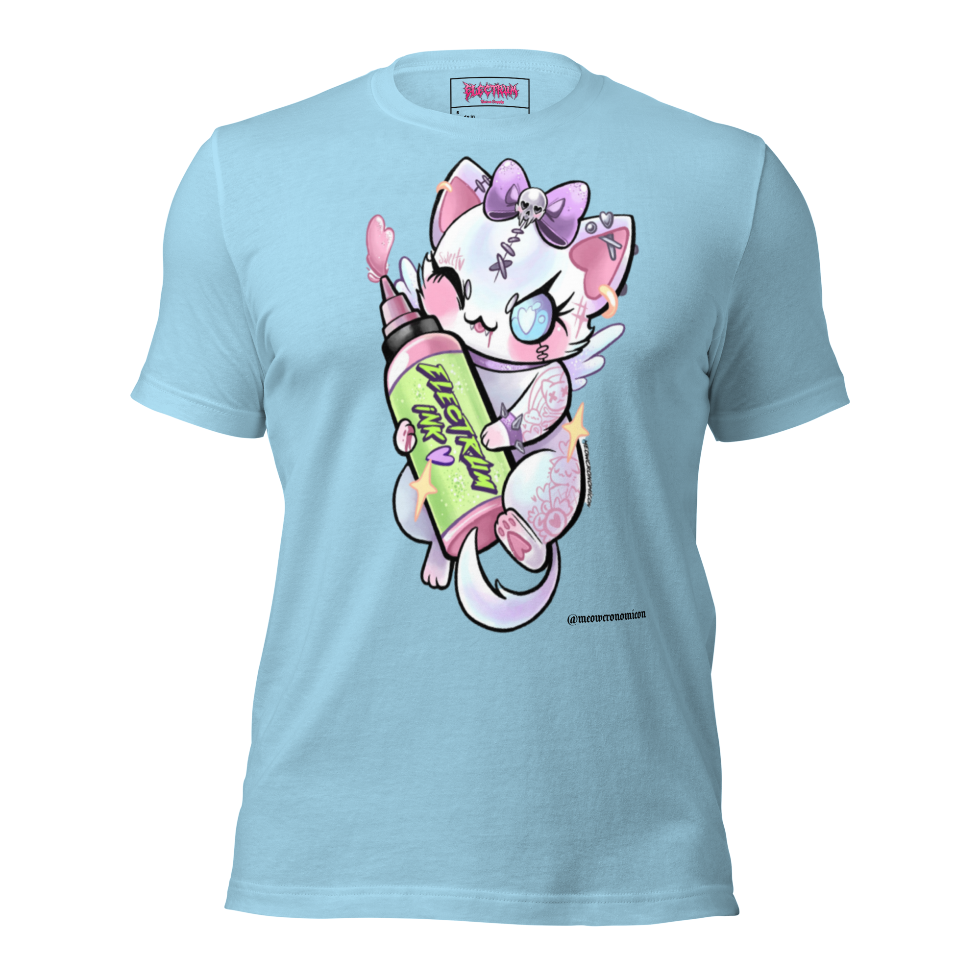 Light blue t-shirt with a cartoon character holding a colorful bottle of electrum ink 