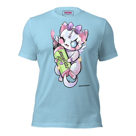 Light blue t-shirt with a cartoon character holding a colorful bottle of electrum ink 