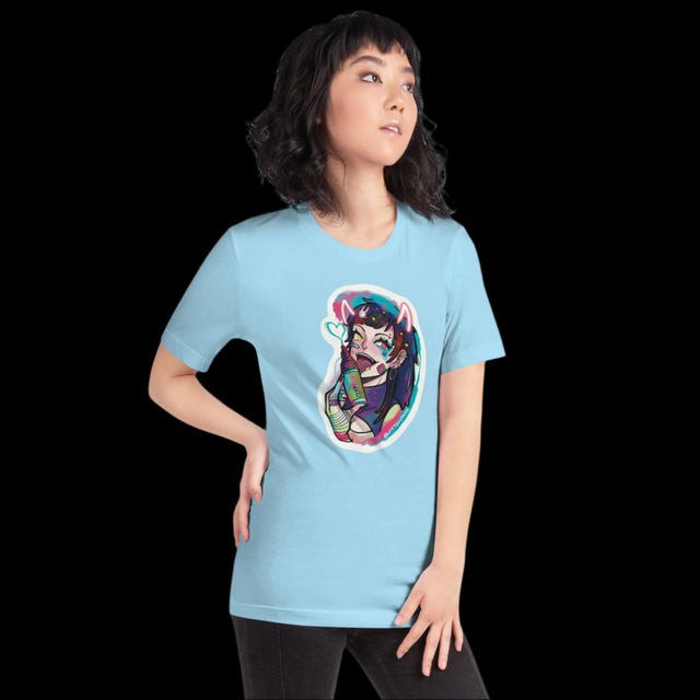 Person wearing a light blue t-shirt with a colorful graphic design on a white background