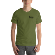 Person wearing a green t-shirt with a black electrum metal lettering logo on the chest