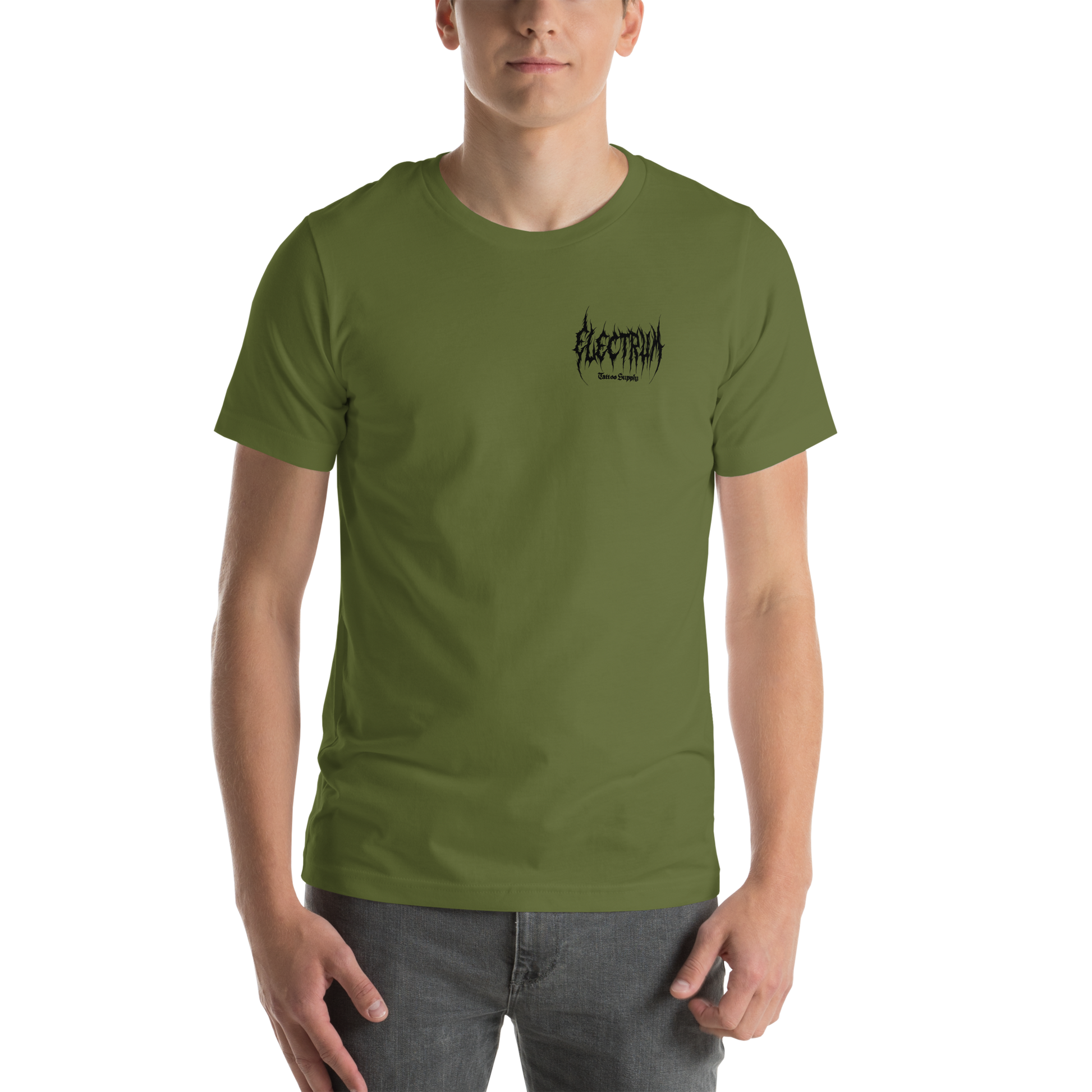 Person wearing a green t-shirt with a black electrum metal lettering logo on the chest