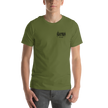 Person wearing a green t-shirt with a black electrum metal lettering logo on the chest