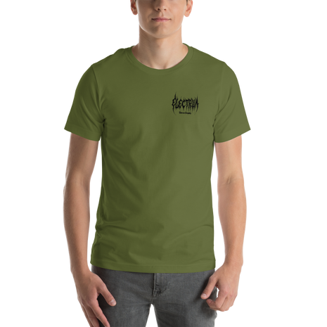 Person wearing a green t-shirt with a black electrum metal lettering logo on the chest