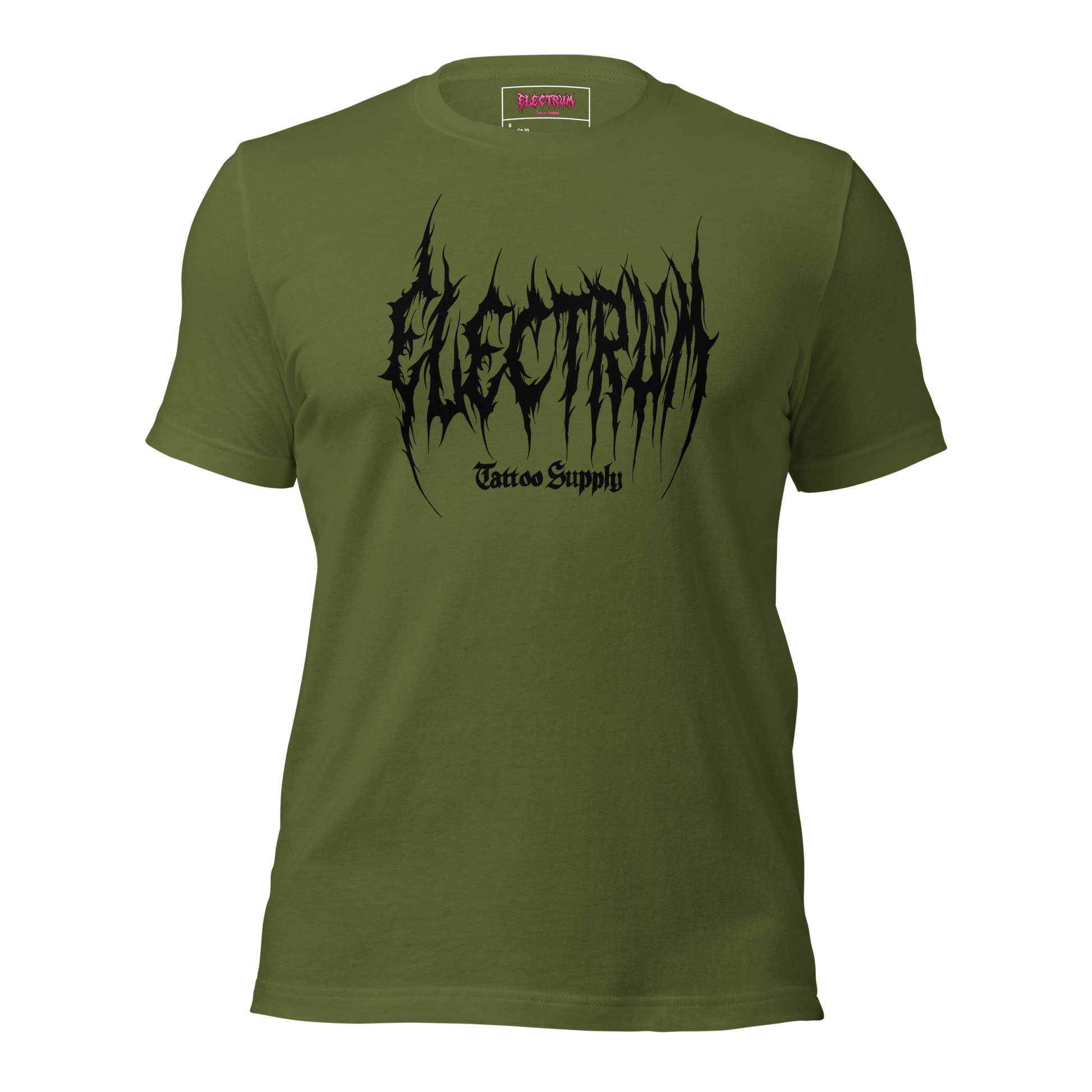 green t-shirt with black graphic metal font - electrum tattoo supply