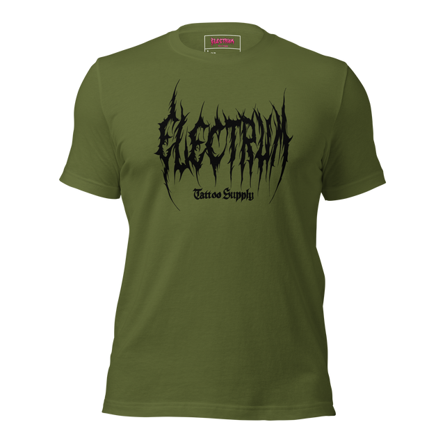 green t-shirt with black graphic metal font - electrum tattoo supply