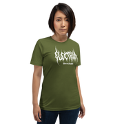 Person wearing a green t-shirt with white text saying electrum tattoo supply in a metal inspired font