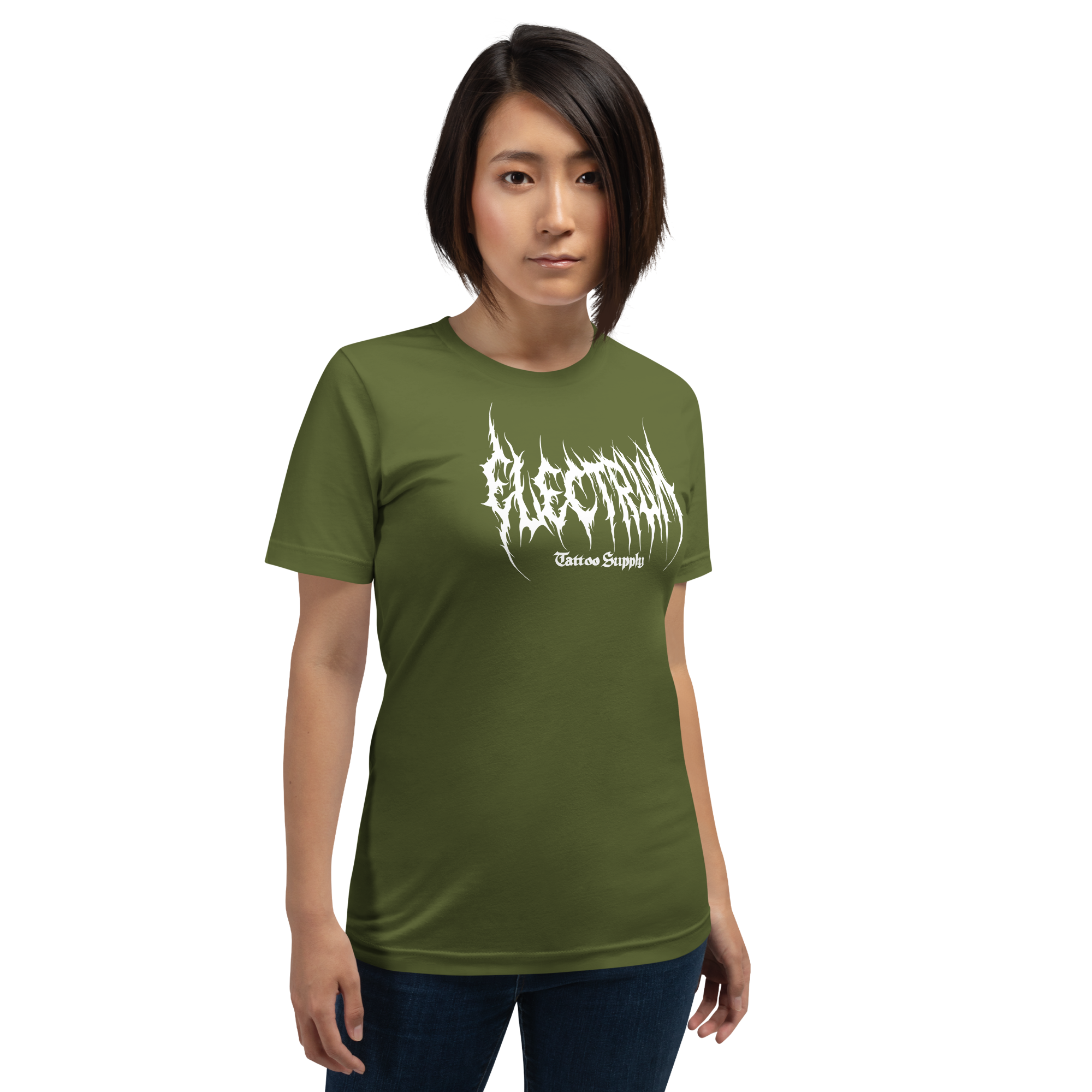 Person wearing a green t-shirt with white text saying electrum tattoo supply in a metal inspired font