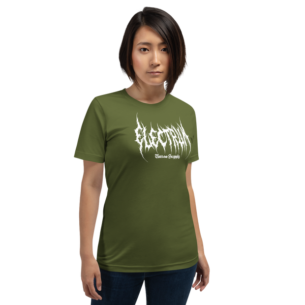 Person wearing a green t-shirt with white text saying electrum tattoo supply in a metal inspired font
