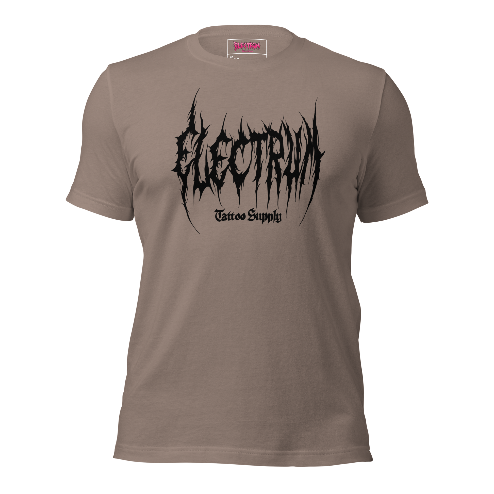 tan t-shirt with black graphic metal font - electrum tattoo supply