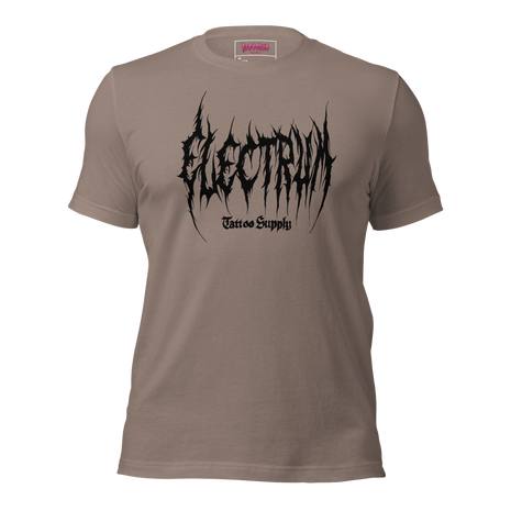 tan t-shirt with black graphic metal font - electrum tattoo supply