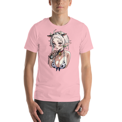 Person wearing a pink t-shirt with an anime-style character graphic. Moo-d Swing Tee – rhur_tattoo x Electrum Ink

