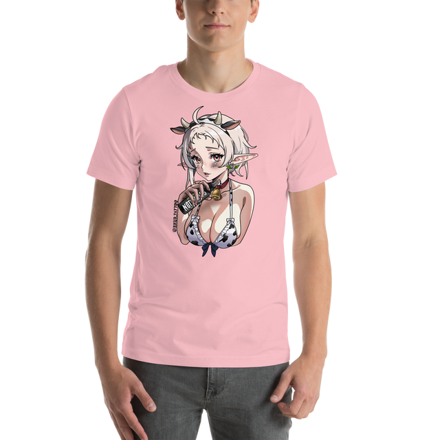 Person wearing a pink t-shirt with an anime-style character graphic. Moo-d Swing Tee – rhur_tattoo x Electrum Ink

