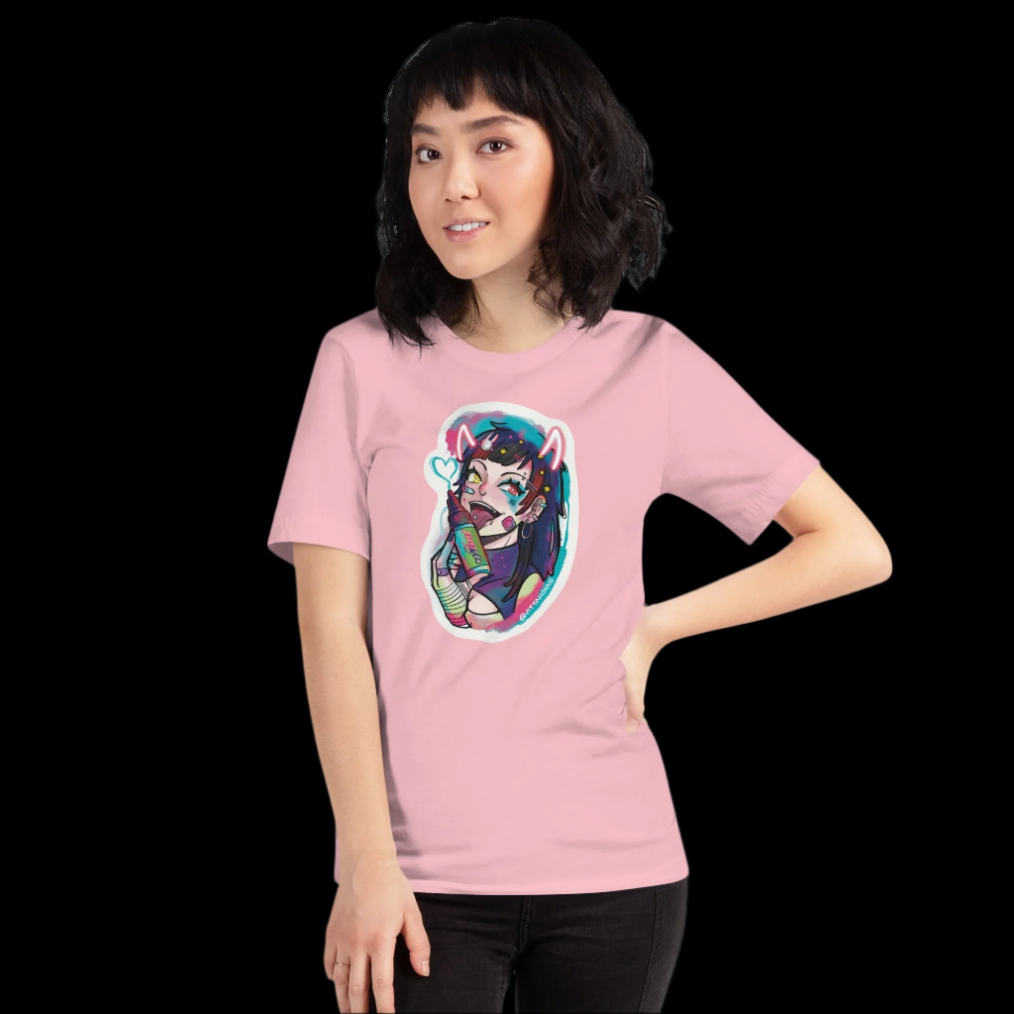 Person wearing a pink t-shirt with a colorful graphic design on a white background