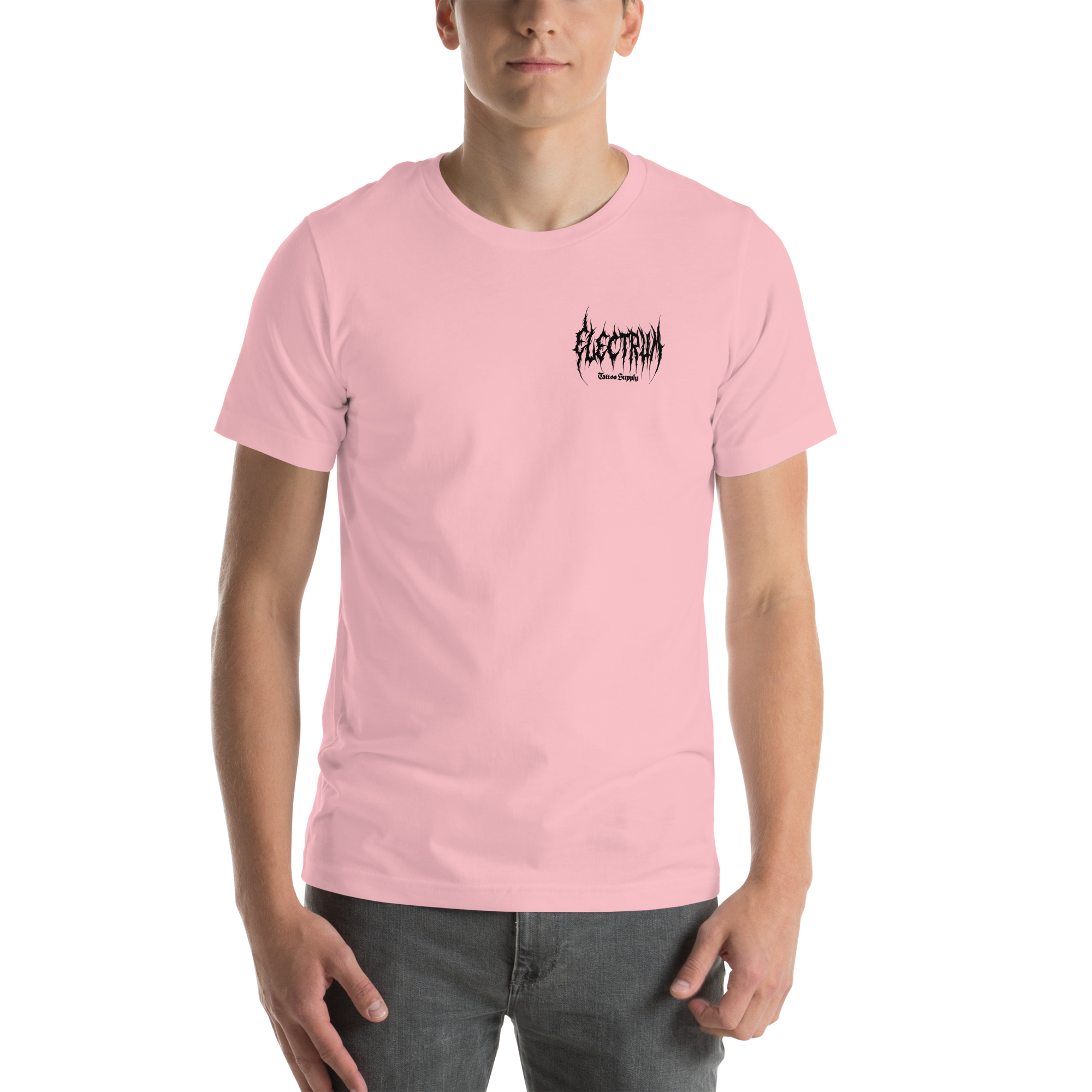 Person wearing a pink t-shirt with a black electrum metal lettering logo on the chest