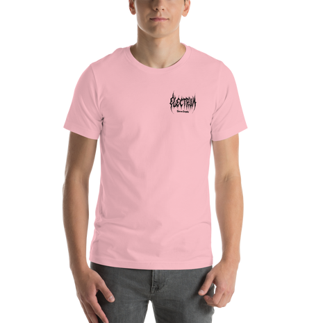 Person wearing a pink t-shirt with a black electrum metal lettering logo on the chest