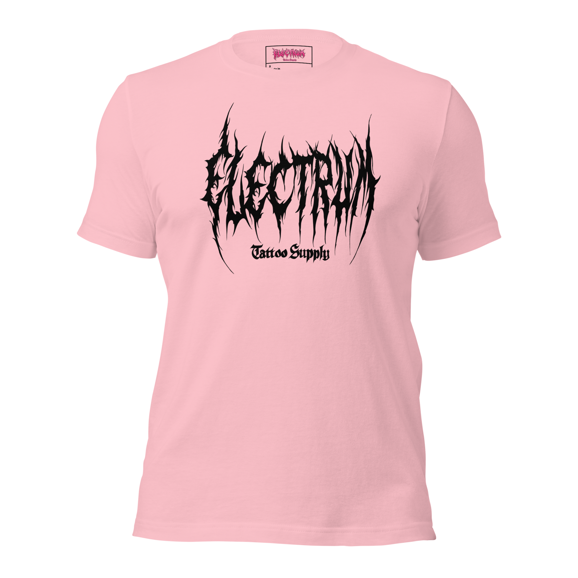 Pink t-shirt with black graphic metal font - electrum tattoo supply