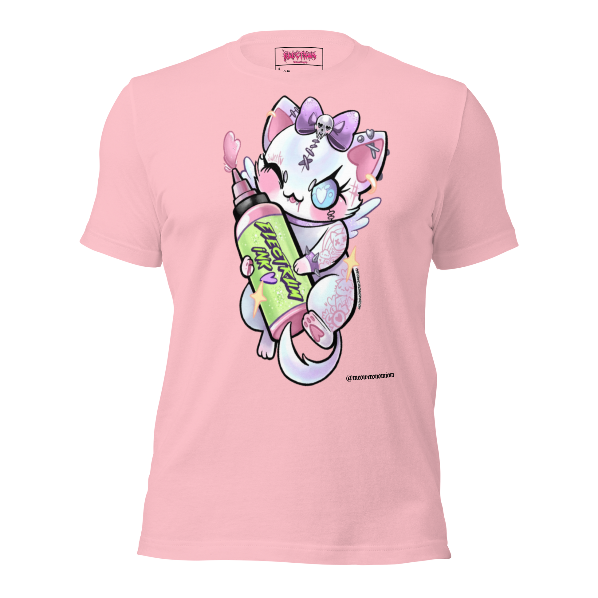 pink t-shirt with a cartoon character holding a colorful bottle of electrum ink 