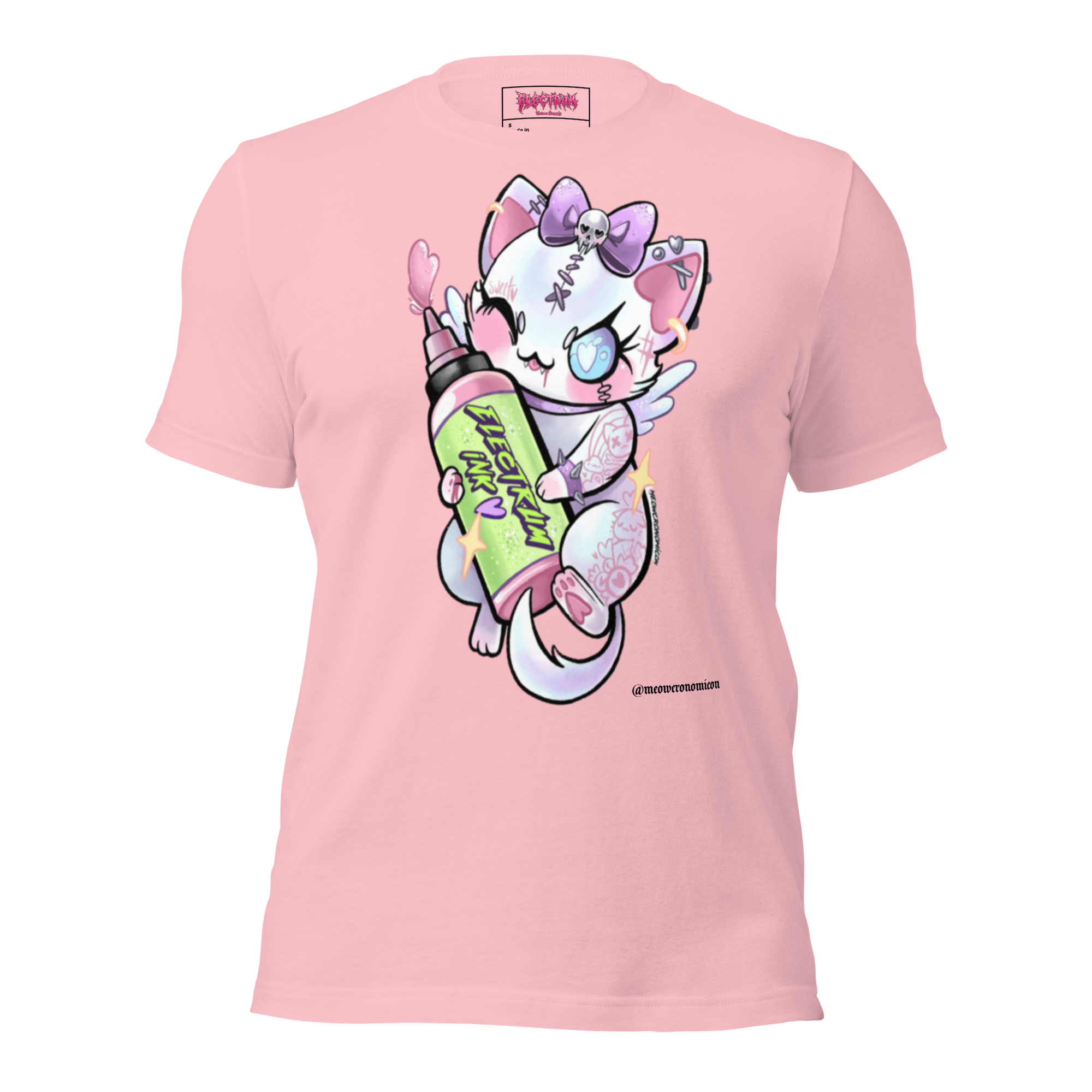 pink t-shirt with a cartoon character holding a colorful bottle of electrum ink 