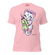 pink t-shirt with a cartoon character holding a colorful bottle of electrum ink 
