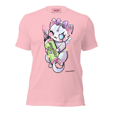 pink t-shirt with a cartoon character holding a colorful bottle of electrum ink 