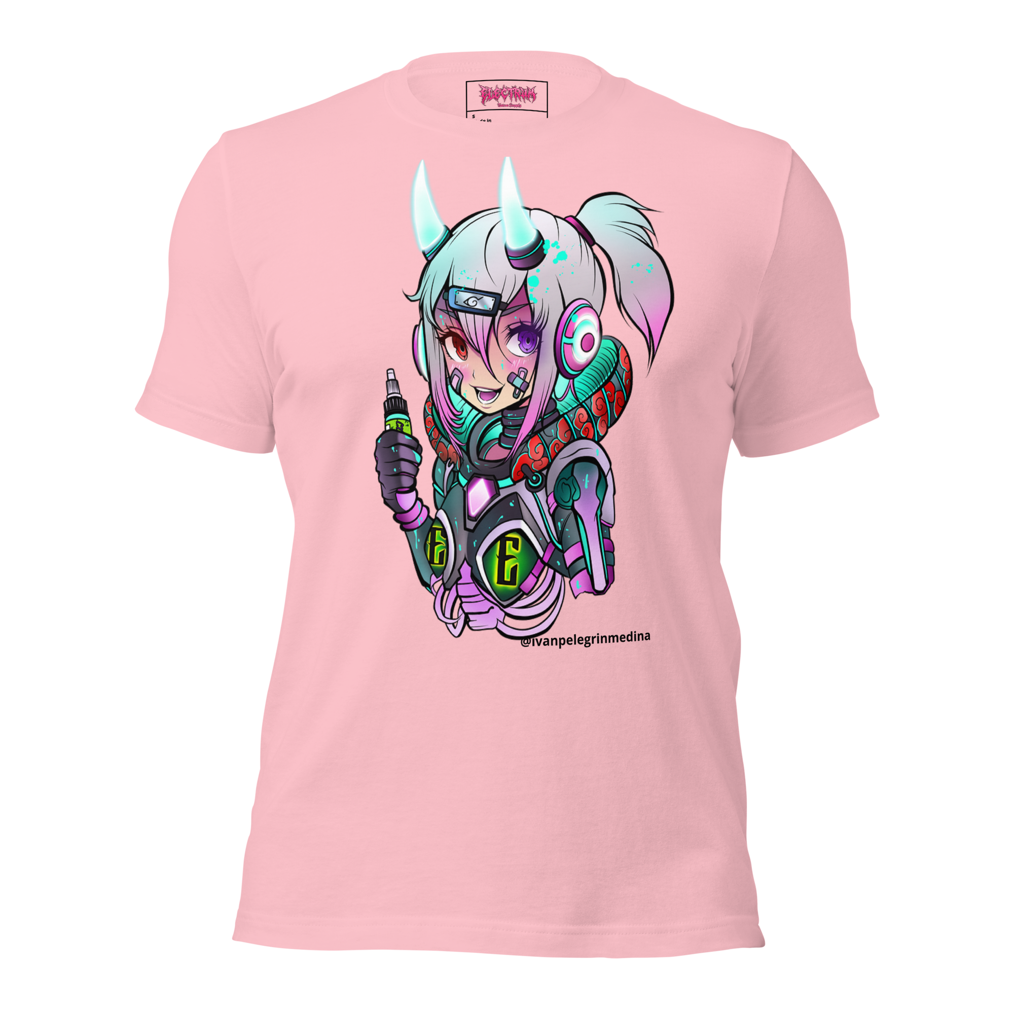 scifi anime design with ink by ivan pelegrin medina on a pink tee
