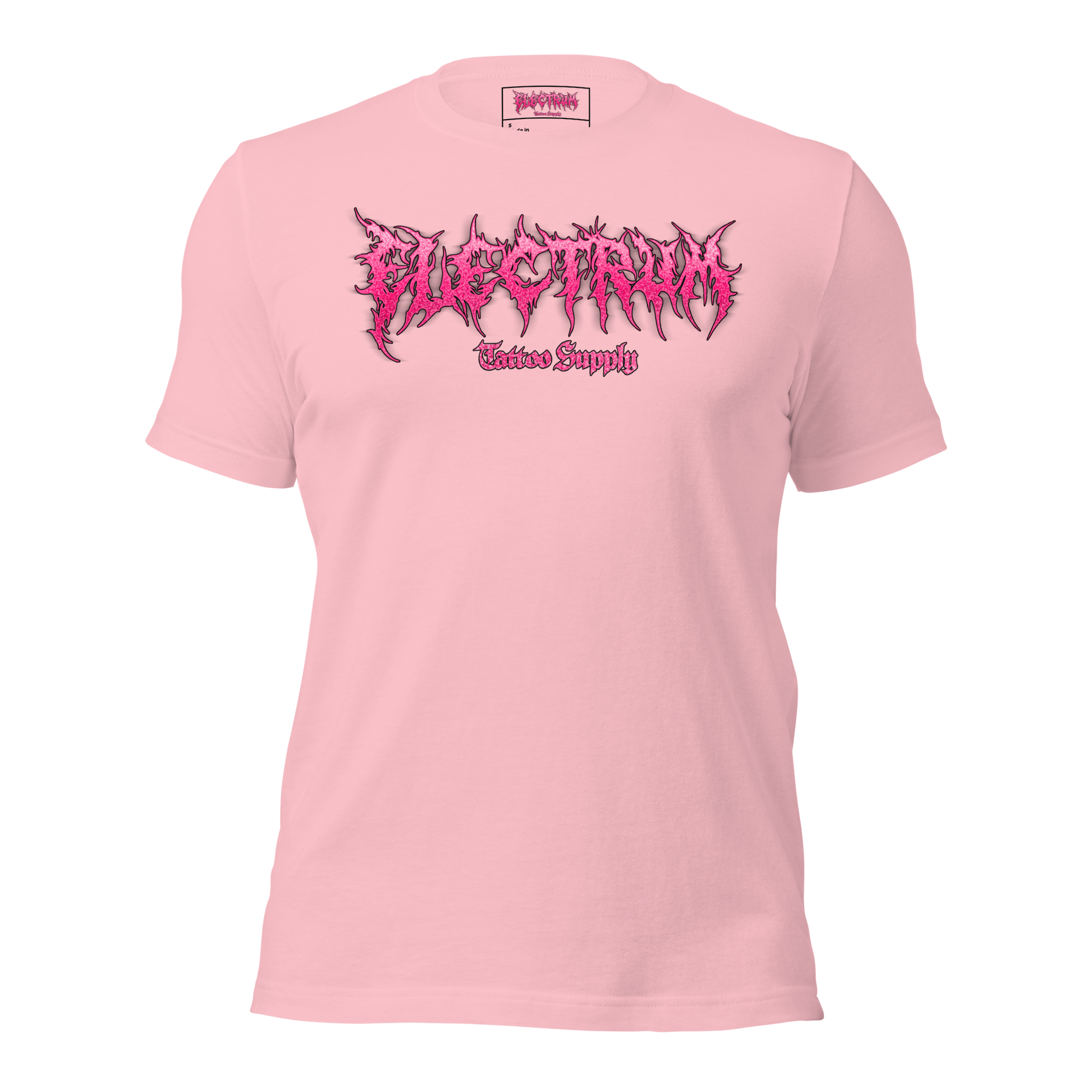 Pink t-shirt with pink graphic glitter metal lettering saying "electrum tattoo supply"