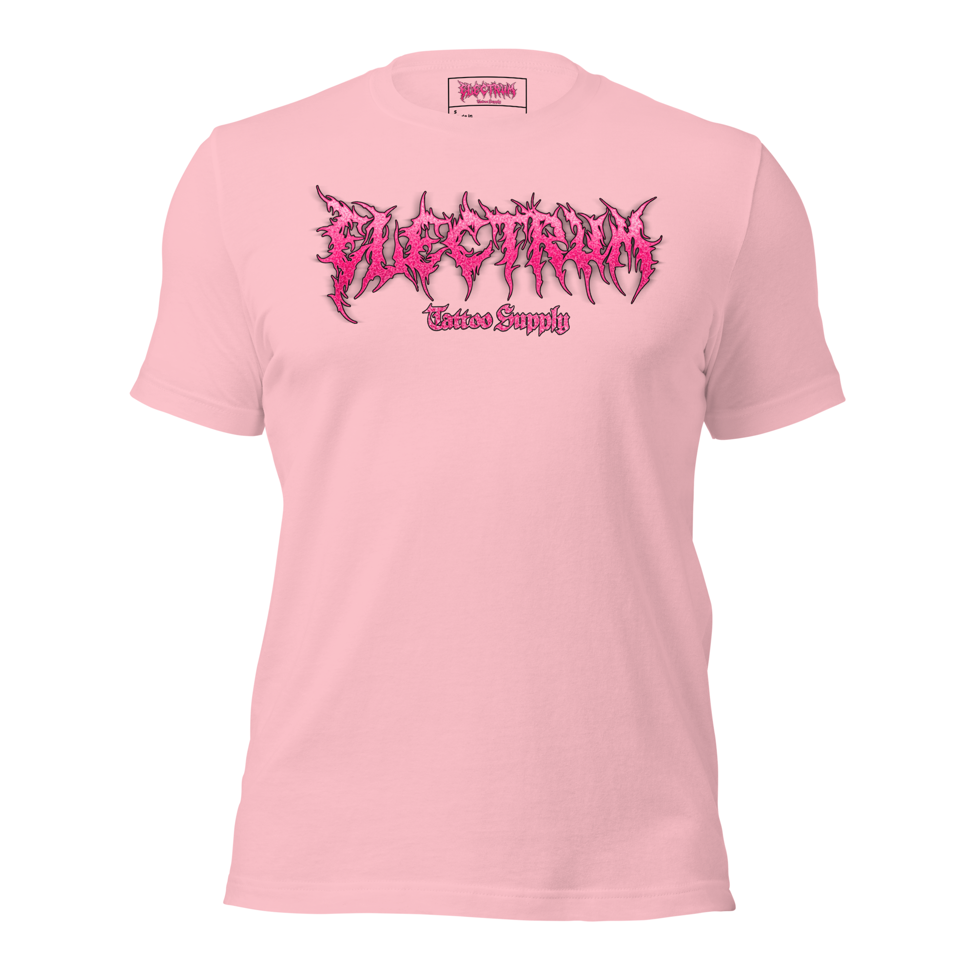 Pink t-shirt with pink graphic glitter metal lettering saying "electrum tattoo supply"