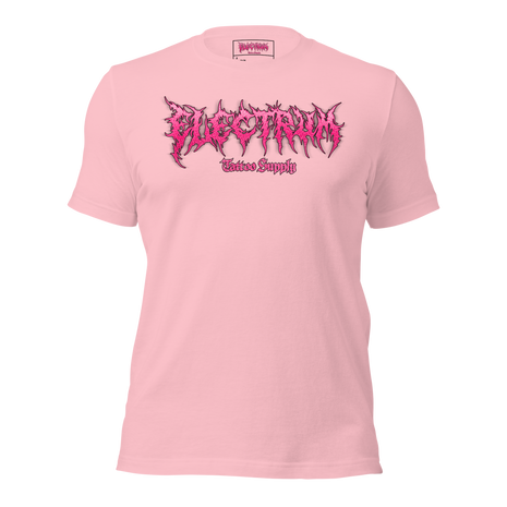 Pink t-shirt with pink graphic glitter metal lettering saying "electrum tattoo supply"