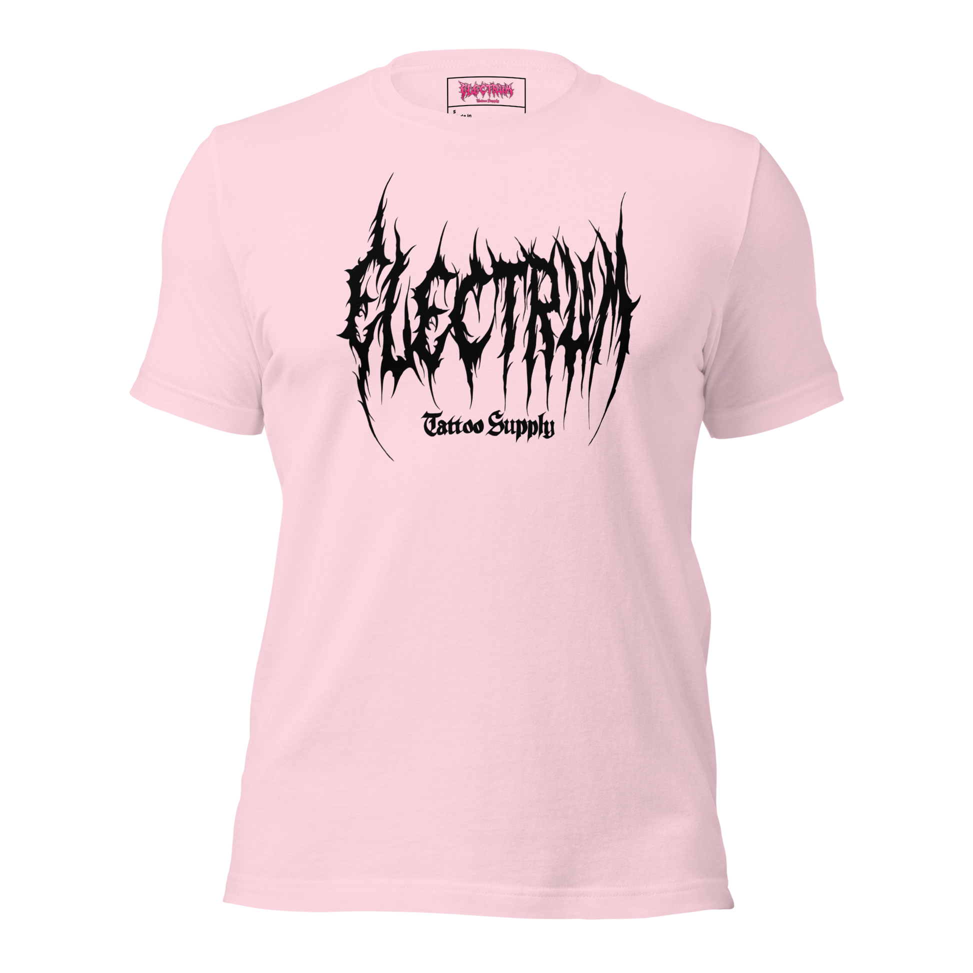 Pink t-shirt with black graphic metal font - electrum tattoo supply