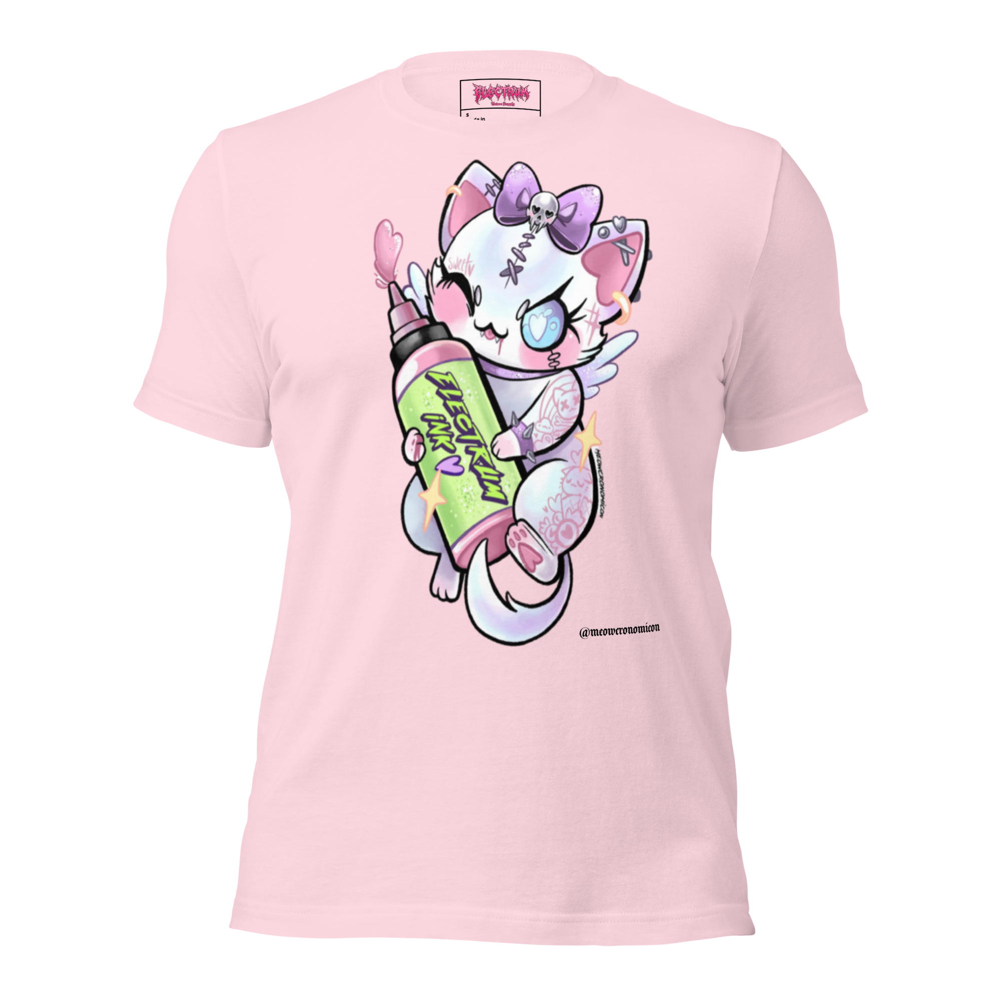 super soft pink t-shirt with a cartoon character holding a colorful bottle of electrum ink 