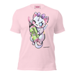 super soft pink t-shirt with a cartoon character holding a colorful bottle of electrum ink 