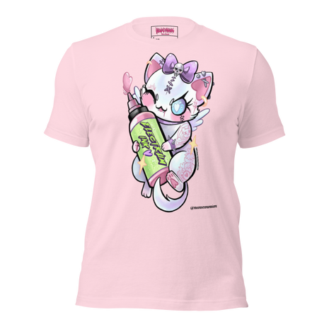 super soft pink t-shirt with a cartoon character holding a colorful bottle of electrum ink 