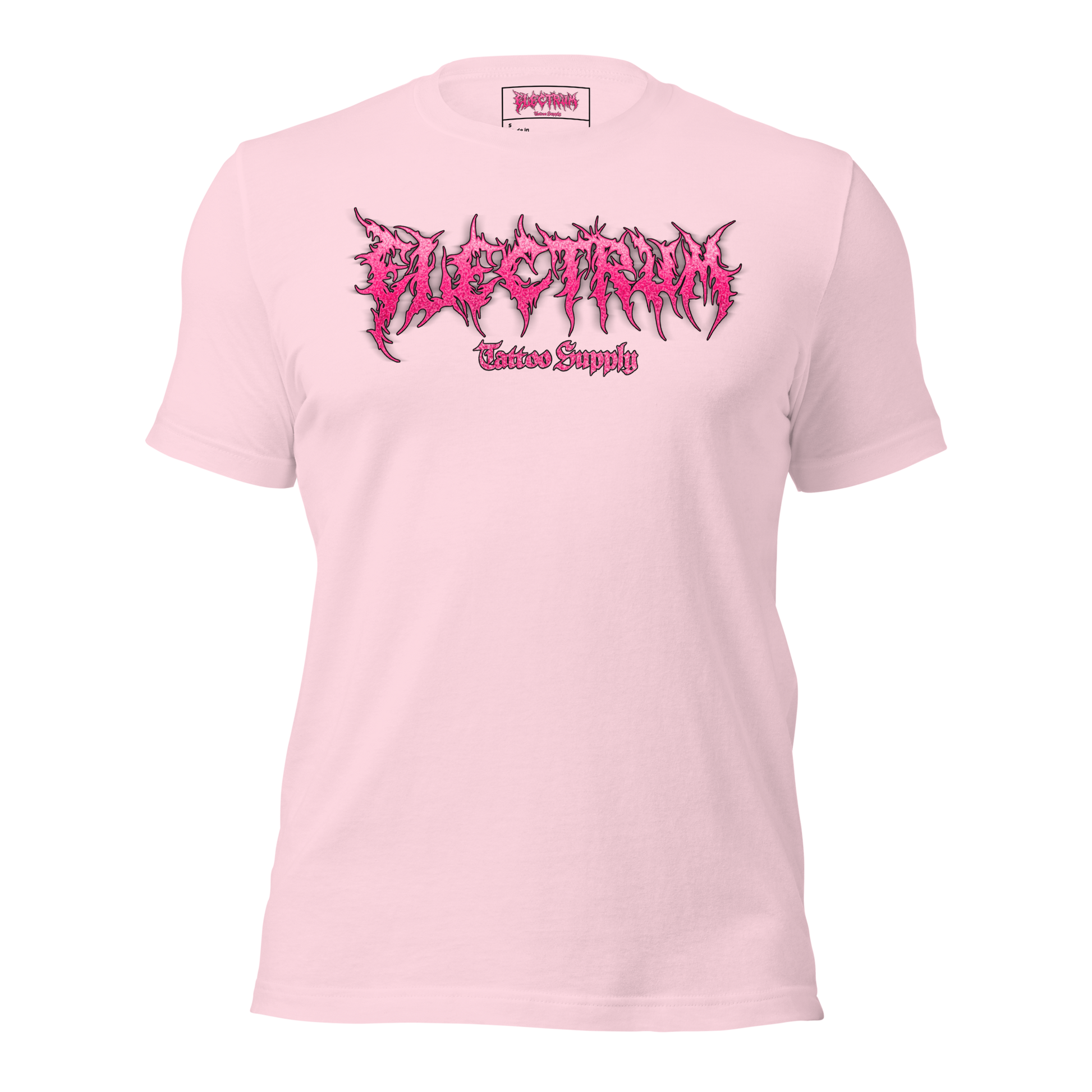 Pink t-shirt with pink graphic glitter metal lettering saying "electrum tattoo supply"
