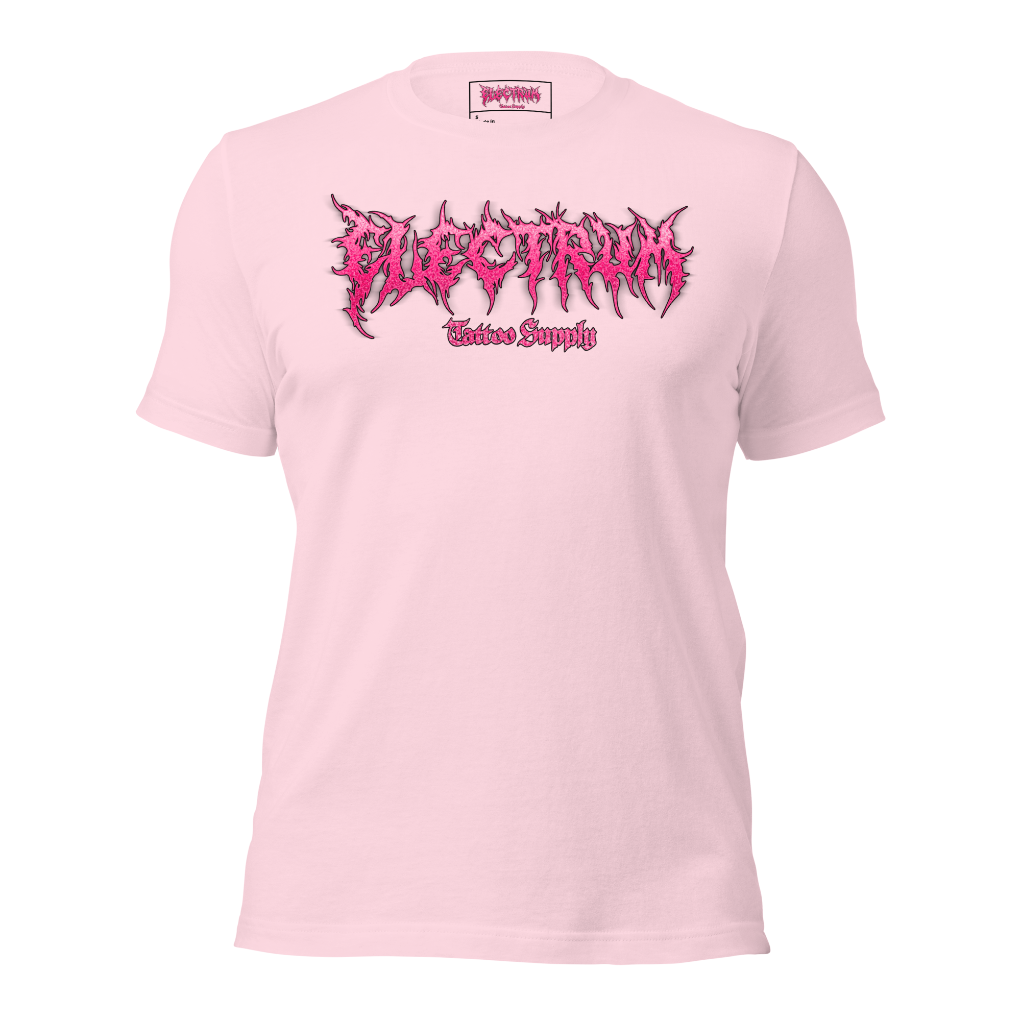 Pink t-shirt with pink graphic glitter metal lettering saying "electrum tattoo supply"