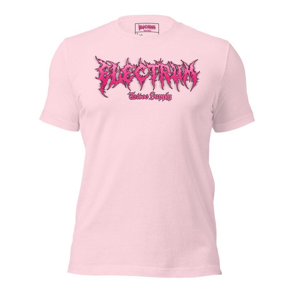 Pink t-shirt with pink graphic glitter metal lettering saying "electrum tattoo supply"