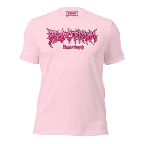 Pink t-shirt with pink graphic glitter metal lettering saying "electrum tattoo supply"
