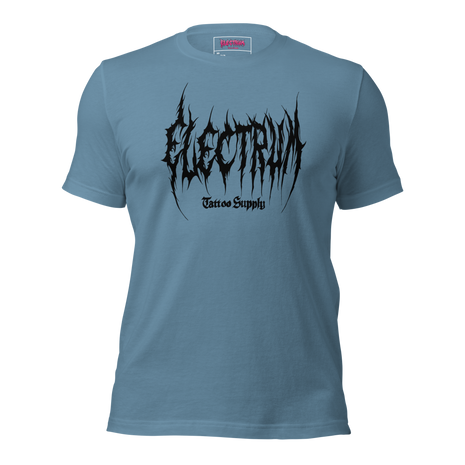 blue t-shirt with black graphic metal font - electrum tattoo supply