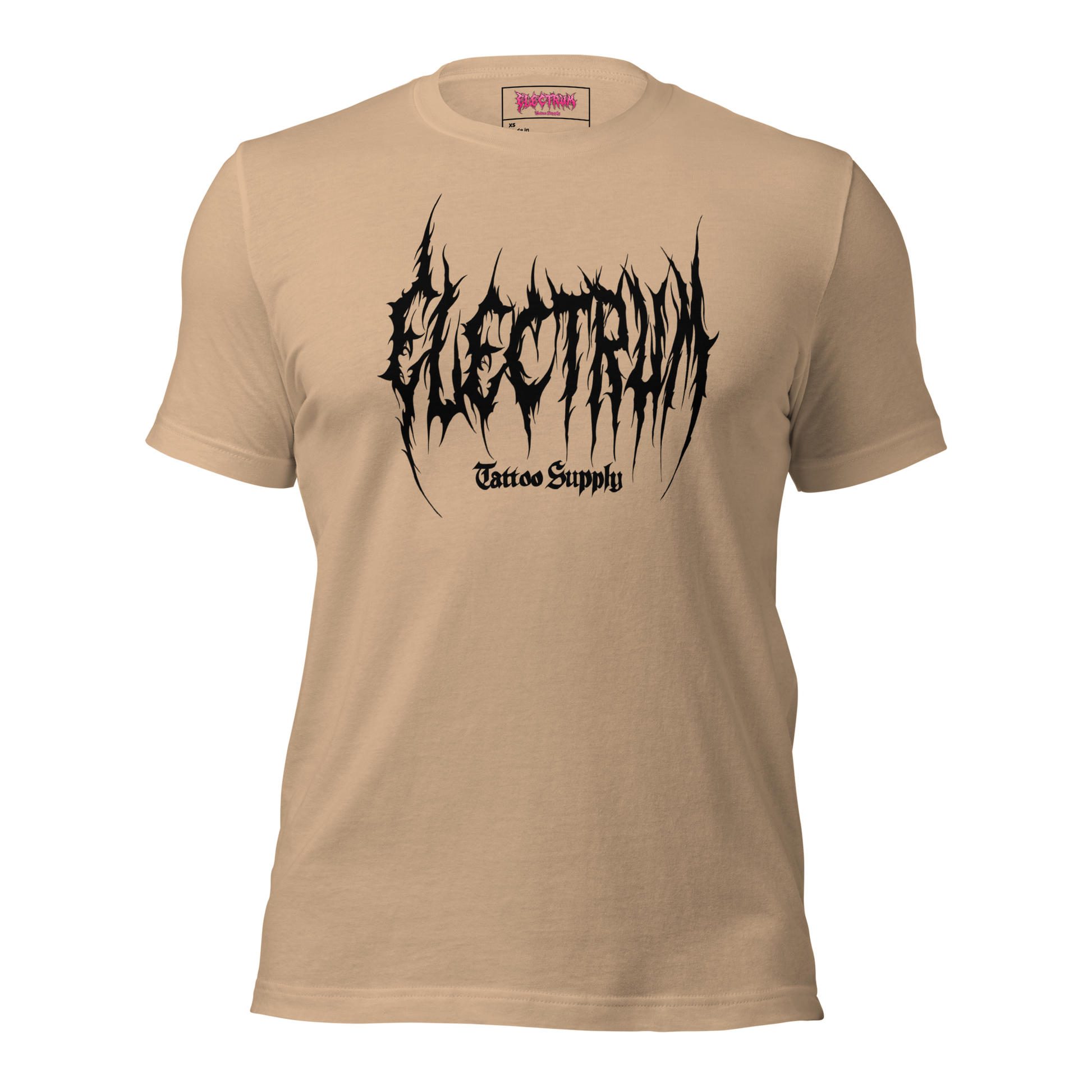 beige t-shirt with black graphic metal font - electrum tattoo supply