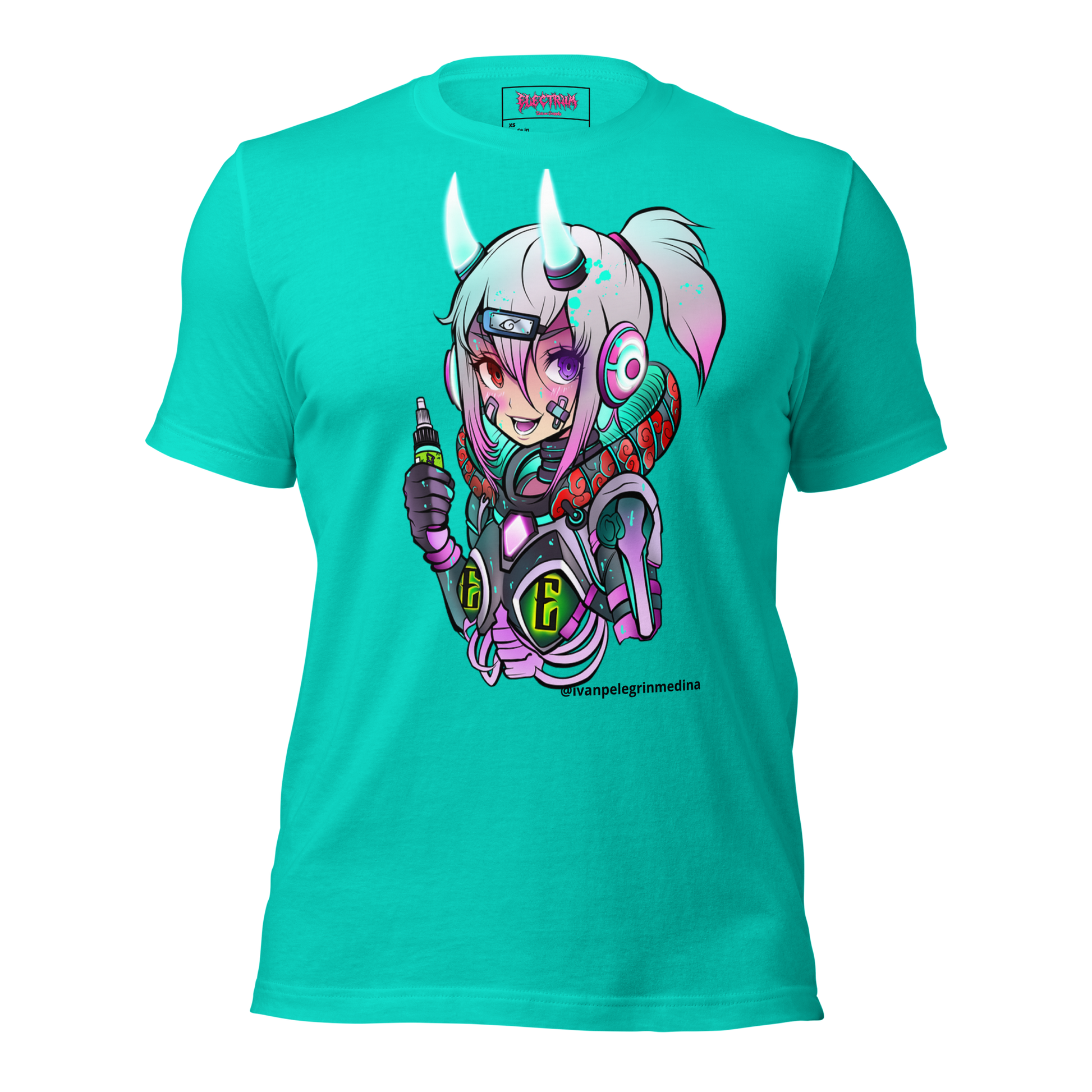 scifi anime design with ink by ivan pelegrin medina on a teal tee
