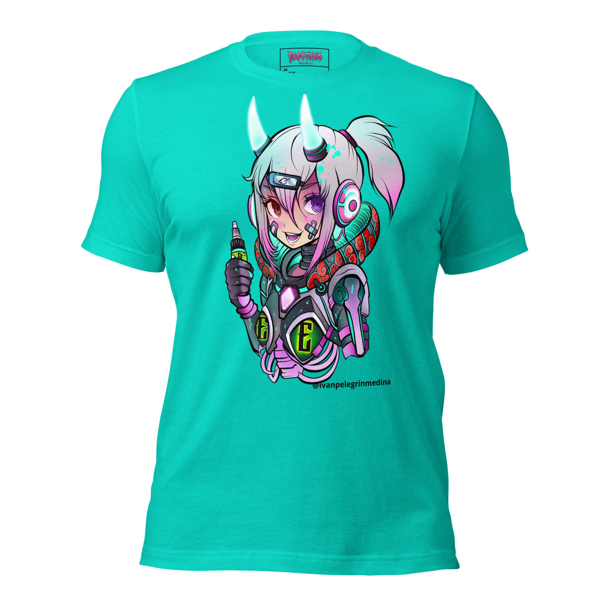 scifi anime design with ink by ivan pelegrin medina on a teal tee
