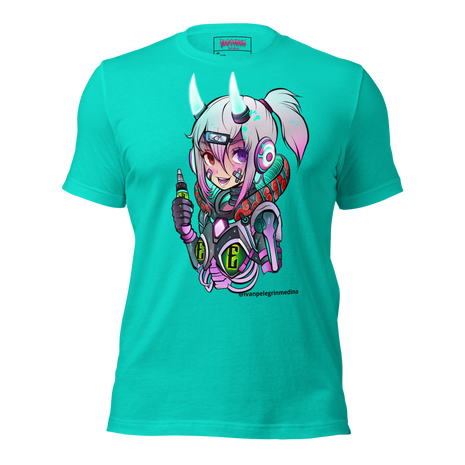 scifi anime design with ink by ivan pelegrin medina on a teal tee
