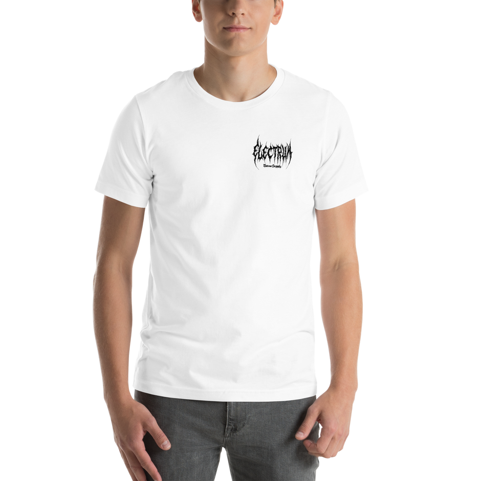 Person wearing a white t-shirt with a black electrum metal lettering logo on the chest