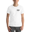 Person wearing a white t-shirt with a black electrum metal lettering logo on the chest