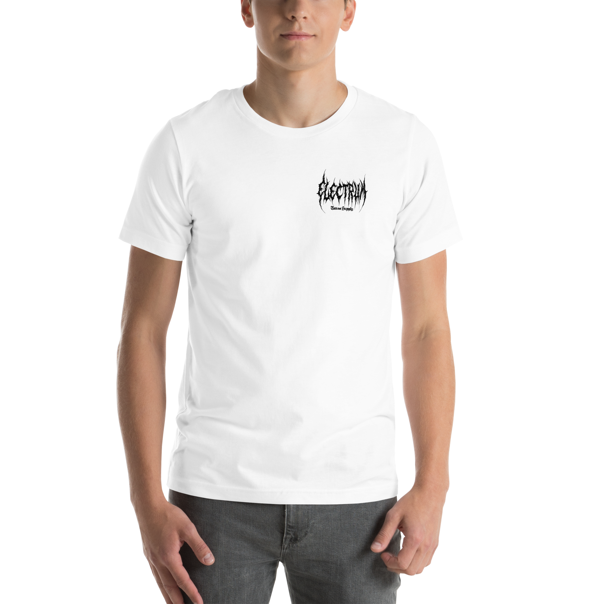 Person wearing a white t-shirt with a black electrum metal lettering logo on the chest
