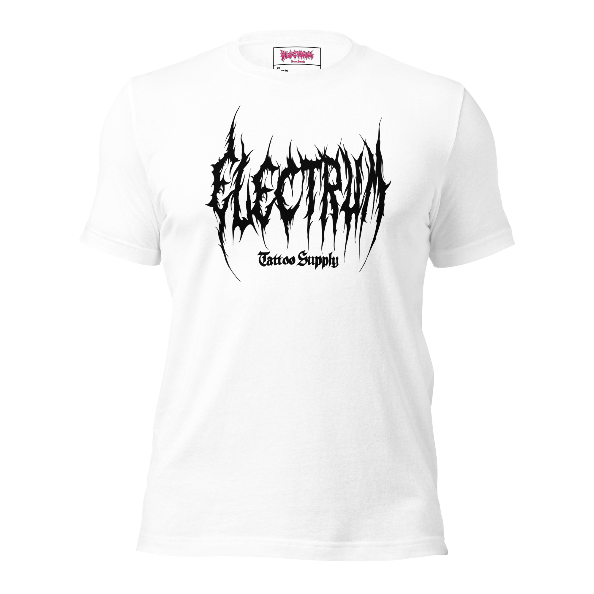 white t-shirt with black graphic metal font - electrum tattoo supply